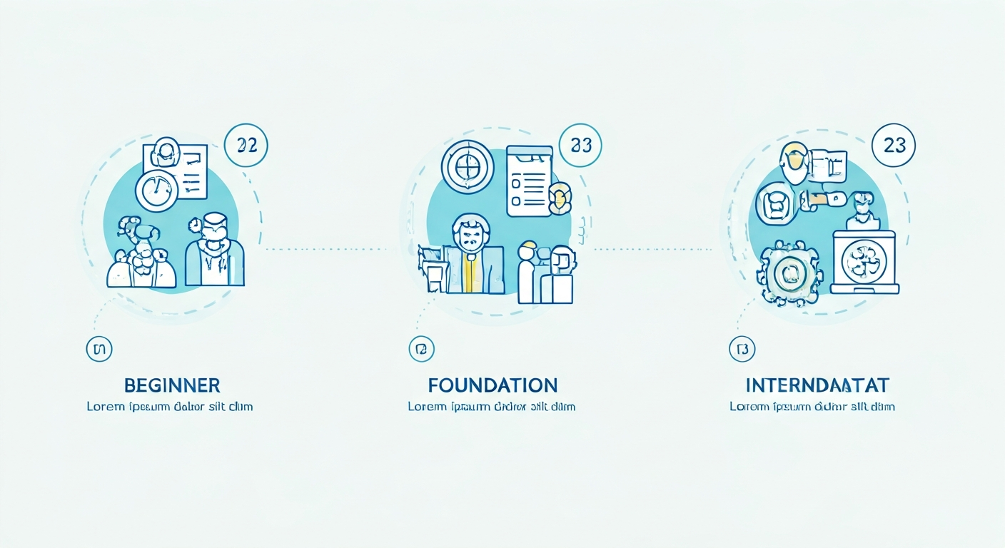 Simple visual pathway on a screen with three steps labeled beginner, foundation, and intermediate, using clean icons and a neutral academic layout