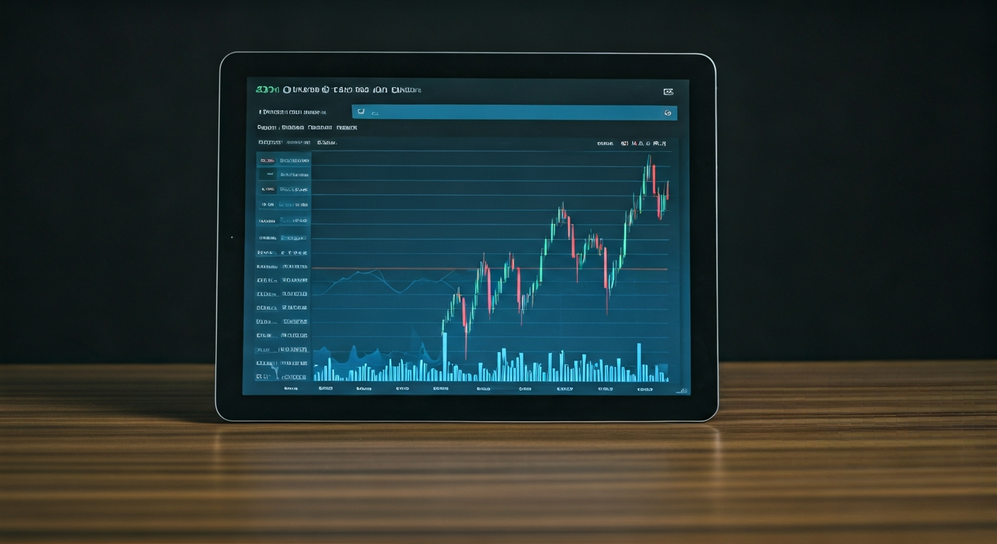 Professional stock market dashboard with blue and green line charts, company tickers, and a tablet on a desk, illustrating equity market analysis
